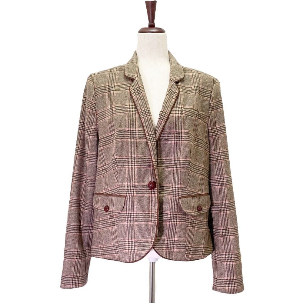 Lands End Glen Plaid Single Button Blazer Tan & Brown Leather Buttons Size 16 - Picture 2 of 15